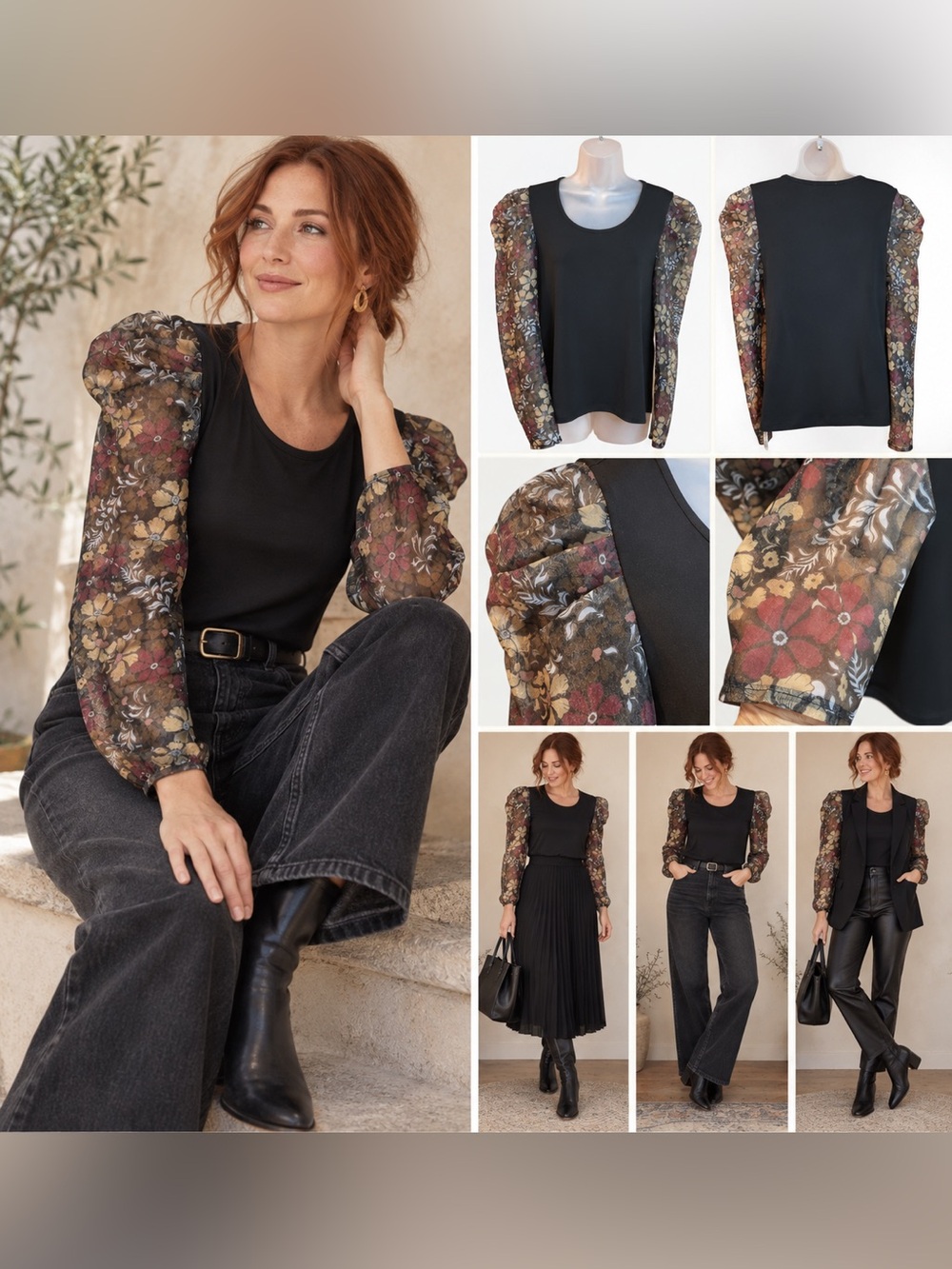 Design History Black Floral Sheer Puff Sleeve Top Blouse Size L